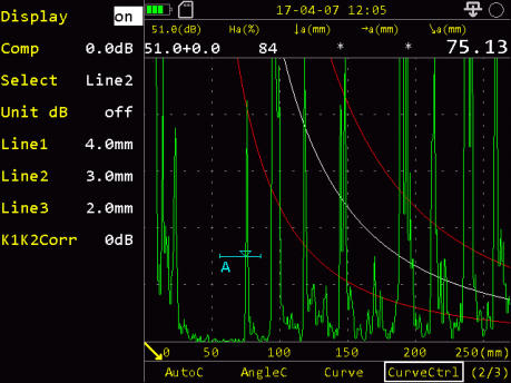 SIUI Smartor Highly Portable Digital Ultrasonic Flaw Detector Screenshot showing the AVG / DGS Curve