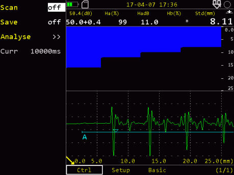SIUI Smartor Digital Ultrasonic Thickness Gauge Screenshot Showing B-Scan Mode