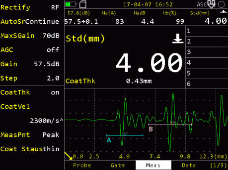 SIUI Smartor Digital Ultrasonic Thickness Gauge Screenshot Showing Through Coating Measurement