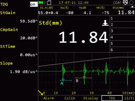 SIUI Smartor Digital Ultrasonic Thickness Gauge Screenshot Showing TDG - Time Distance Gain Curve
