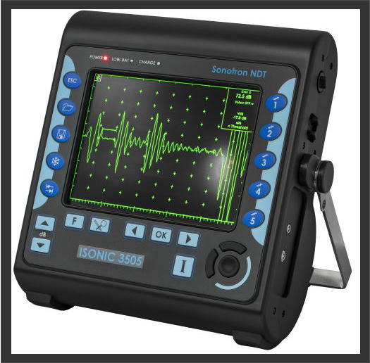 Sonotron ISonic 3505 Ultrasonic Flaw Detector showing it in action with A-Scan displayed.